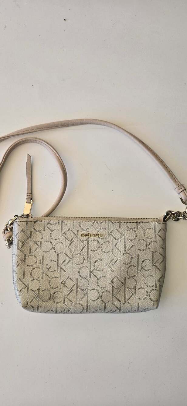 Calvin Klein CK Monogram Perforated Light Beige Small Crossbody Bag Chain Strap